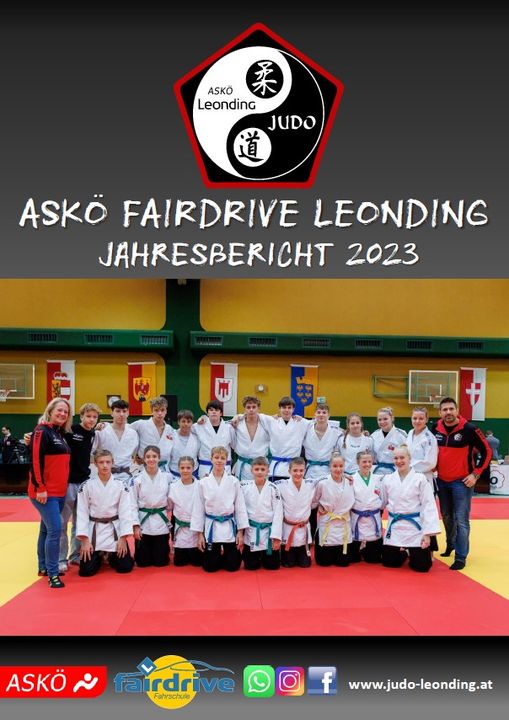 Ist möglicherweise ein Bild von 2 Personen, Personen, die Kampfsport betreiben und Text „ASKՖ Leonding JUDO ASKÃ FAIRDRIVE LEONDING JAHRESBERICHT 2023 ASKÖ fairdrive Fahrschule f www.judo-leonding.at“